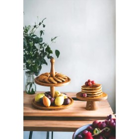 Resim Justwood Justwood 2 Li 2 Katlı Kek Stantı ve 20 cm Mini Kurabiye Pasta Sunumluk Seti 