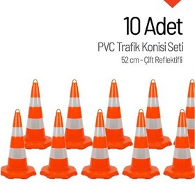 Resim 10 Adet Pvc Trafik Konisi 52 Cm Çift Reflektifli Trafik Dubası Seti-3547 