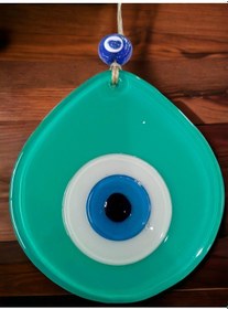 Resim Mavi Nazar Boncuklu Açık Yeşil Renk Nazar Boncuklu Damla Desen El Yapımı Duvar Süsü 