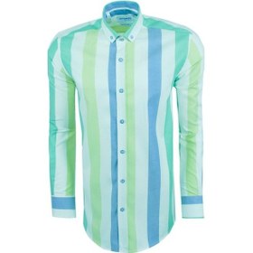 Resim Oxford Mavi-Yeşil Çizgili Regular Fit Uzun Kollu Gömlek,Ot-C-2001 Mavi - Yeşil 