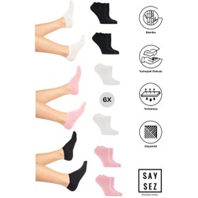 Resim Saysez Bambu Kadın Sneaker Siyah-beyaz-pembe Çorap Dikişsiz Görünmez Bilekte Spor Çorap Premium 6'lı Paket Renkli 