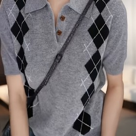 Resim Kadınlar İçin Klasik Gömlek - Esnek Düğmeli Bluz, Koyu Gri & Siyah Argyle Desenli, Şık Yaka Ofis ve Resmi Etkinlikler için Günlük Giyim - Görünmez Kadın Elbise 