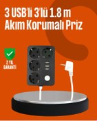 Resim Clevora Akım Korumalı 3 USB Portlu 4’lü Priz 4.1A Hızlı Şarj 