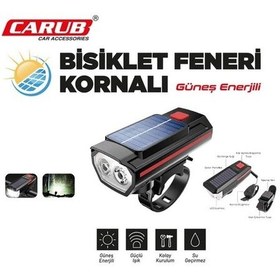 Resim Carub Güneş Enerjili Kornalı Bisiklet Feneri Led Işıldak Siyah - Kırmızı 
