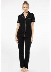 Resim Düz Kısa Kollu Gömlek Yaka Pijama Takım 001 
