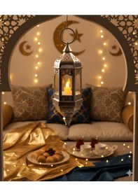 Resim 20 Cm Ramazan Ledli Asmalı Parlak Gümüş Fener - Pil Dahil Dekoratif Ramazan Feneri Diğer 