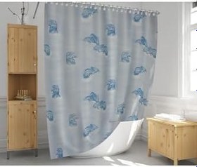 Resim Tropik Home Banyo Perdesi Mavi Yunus Desen Yerli Üretim Duş Perdesi C-Halka Hediye 180x200cm Banyo Perdesi 