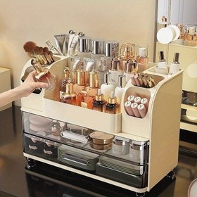Resim Bej Renkli Makyaj Organizatörü - Raf ve Çekmeceli Masaüstü Kozmetik Saklama Kutusu, Banyo, Tuvalet Masası veya Ofis İçin Kompakt Düzenleyici - Dayanıklı Plastik Yapı, Şık Tasarım, Şeffaf Çekmeceler 