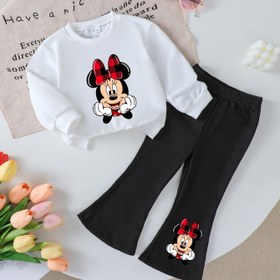 Resim Disney 2 Parça Çocuk Seti, Kırmızı Fiyonklu Mickey Mouse Baskılı Örgü Uzun Kollu Üst ve Günlük Kullanım İçin Rahat Pantolon, Düzenli Kesim, Dış Mekan Aktiviteleri ve Boş Zaman Giyimi için İdeal Hediye 