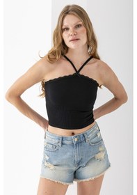 Resim Giysa Kadın Çapraz Askılı Dantel Detaylı Crop Body Siyah - Ms0000309 Siyah 