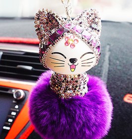 Resim LUCKY CAT Şans Kedisi Tüylü - Incili Mor Dekoratif Araba Askısı 12 X 7,5cm 