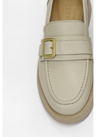 Resim Neva Bej Hakiki Deri Altın Tokalı Kadın Loafer Bej Deri Bej 