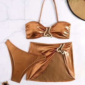 Resim Kadınların Şık ve Seksi Bronz Rengi Bikini Mayo Seti Üçlü 