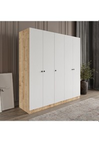 Resim Afilli Yıldız 5 Kapaklı 2 Çekmeceli Giyinme Dolabı Tamamı Mdf Led Askılıklı Beyaz - Safir Meşe 