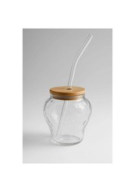 Resim Çilek Model Borosilikat Cam Bardak, Bambu Kapaklı, 400 Ml, Pipet Hediyeli Şeffaf 