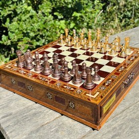 Resim Lüks El Yapımı Satranç Takımı Gold Metal, Masif Ahşap Satranç, Hediyelik 