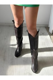 Resim SHOEBOURNE Kahverengi Deri Western Tarzı Dizaltı Uzun Kadın Çizme 