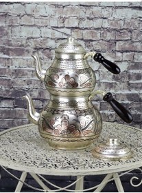 Resim Gümüşlü Gül Çiçek Bakır Çaydanlık Bakır 