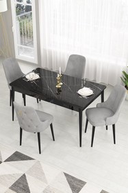Resim Canisa Lav Serisi 80x130 Sabit Siyah Mermer Masa Takımı Ve 4 Gri Sandalye 