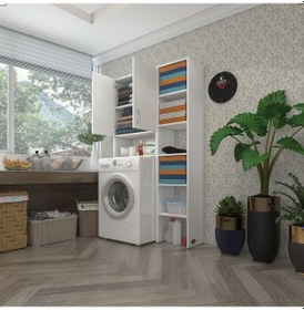 Resim Kenzlife Çamaşır Makinesi Dolabı Sinemmaks Byz 180 096 30 Banyo Kapaklı Arkalıklı Raflı Çok Renkli 