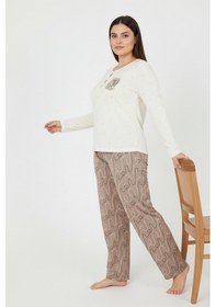 Resim Bravie Üstü Puanlı Altı Çizgi Desenli Elite Viscose Uzun Büyük Beden Pijama Takımı Ekru 3585 Ekru 