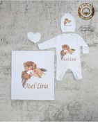 Resim yzc home size dair... K71 Bt Isme Özel Isimli Baskılı Bebek Battaniye Tulum Şapka Eldiven Set Hastane Çıkışı 
