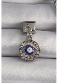 Resim 316l Çelik Gümüş Renk Sallantı Zirkon Taşlı Göz Model Nazar Boncuk Detay Nomination Charm Siyah 