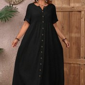 Resim Kadınlar için Büyük Beden Rahat Düğmeli Elbise, Polyester %100 Katı Crew Boyunlu Kısa Kollu Uzun Elbise Cebi ile Bahar/Yaz/Sonbahar için - Esnek Olmayan Dokuma Kumaş, 160g/m² 