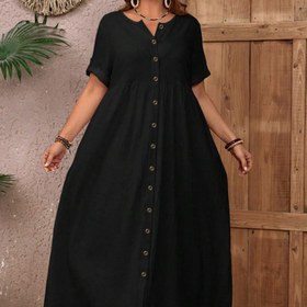 Resim Kadınlar için Büyük Beden Rahat Düğmeli Elbise, Polyester %100 Katı Crew Boyunlu Kısa Kollu Uzun Elbise Cebi ile Bahar/Yaz/Sonbahar için - Esnek Olmayan Dokuma Kumaş, 160g/m² 