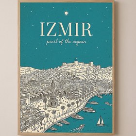 Resim İzmir Line Art Print - Teal Clock Tower Kadifekale Aegean Coast Wall Art - Wooden Frame - Natural / 16 x 20" (40x50 cm) 