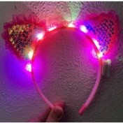 Resim Pembe Pullu LED Işıklı Kedi Kulak Taç 
