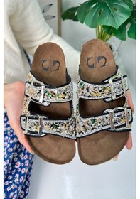 Resim Günlük Kadın Terlik Çift Tokalı Çakıl Taşlı Oval Burunlu Anatomik Mantar Taban Alçak Topuklu 1792 Siyah 