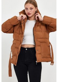 Resim Alisse-kadın Taba Kapüşonlu Kemerli Şişme Mont Kaban Taba 