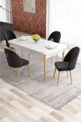 Resim Canisa Elf Serisi 80x132 Beyaz Masa Doğal Ahşap Ayak Beyaz Kafesli 4 Sandalye Gold Halkalı 