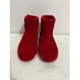 Resim Merut Style El Örgüsü Kadife Ip Kırmızı Düğme Detaylı Ev Botu Panduf 