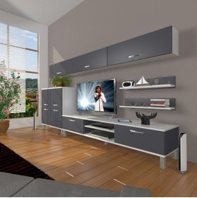 Resim Decoraktiv Eko 8 Mdf Dvd Krom Ayaklı Tv Ünitesi Tv Sehpası - Beyaz - Antrasit 