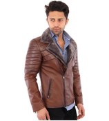 Resim Hakiki Kuzu Derisi Yaka Kürklü İşlemeli Erkek Deri Ceket Kahverengi Kahverengi 