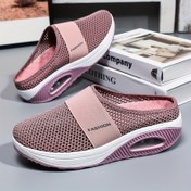 Resim Kadınların Düz Renk File Sneaker'ları, Kaymayan Yumuşak Taban Platform Ev Rahat Ayakkabıları, Nefes Alabilen Yarım Sürükleme Terlikler Büyük Beden 