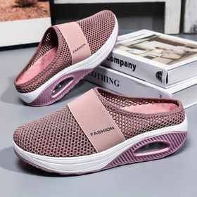 Resim Kadınların Düz Renk File Sneaker'ları, Kaymayan Yumuşak Taban Platform Ev Rahat Ayakkabıları, Nefes Alabilen Yarım Sürükleme Terlikler Büyük Beden 