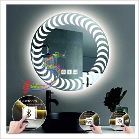 Resim Dnr-Mirror50 Cm Beyaz Ledli Tasarım Kumlamalı Dokunmatik Bluetoothlu Buğu Önleyicili Banyo Aynası Makyaj Ayna 