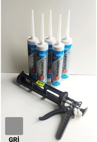 Resim Glax Tools 5 Adet Gri Silikonize Mastik / Çekomastik 5x500 Gr. + Silikon Tabancası 
