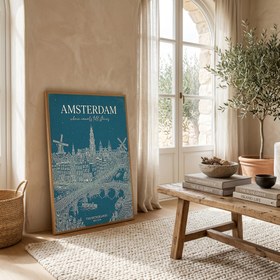 Resim Amsterdam Line Art Print - Teal Canal Windmill Skyline Wall Art - With Hanger - White / 24 x 36" (60x90 cm) 