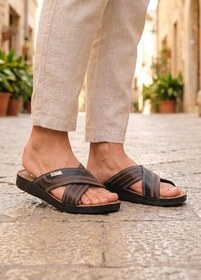Resim Gezer Erkek Yazlık Günlük Terlik Suni Deri Rahat Taban Parmak Arası Arkası Açık Kahverengi Siyah 