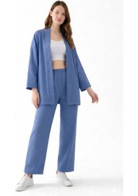 Resim Zen Elegance Kadın Kimono Takım - Geniş Paça Keten Dokulu Alt Üst Yazlık Kadın Takım İndigomavi 