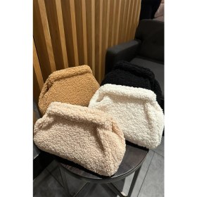 Resim Bahels Kadın Bej Peluş Teddy Clutch Portföy Çanta 