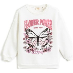 Resim Koton Kelebek Baskılı Simli Sweatshirt Uzun Kollu Bisiklet Yaka Şardonlu Ekru 3skg10265ak 