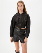 Resim Şardonlu Parlak Kapşonlu Fermuarlı Crop Sweatshirt Korse Detaylı 
