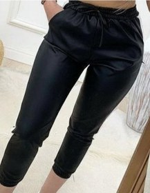 Resim Hazego Kadın Yüksek Bel Lastikli Yan Şerit Detaylı Deri Pantolon Siyah 