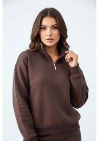 Resim Balenbi Kadın 3 İplik İçi Polarlı Yarım Fermuarlı Oversize Sweatshirt 1112 Kahverengi 