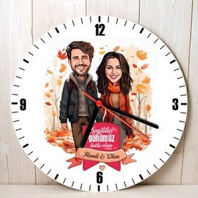 Resim Sonbahar Yaprakları ve Aşkımız Karikatürlü Duvar Saati 